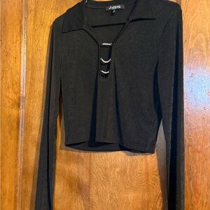 Y2K Black Long-Sleeve Cropped Top with Rhinestone Trim